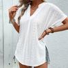 Fashion Women Summer Short Sleeve Jacquard Lace Blouse Women Elegant V Neck Basic Solid Color T-shirt White Hollow Out Casual Simple Top Loose Shirt
