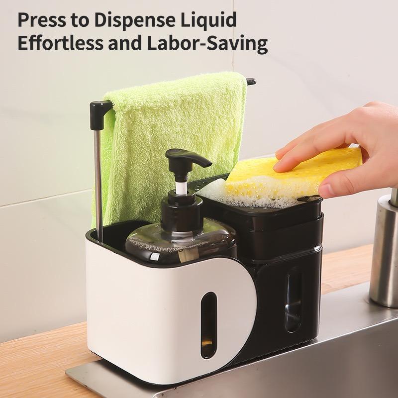 Kitchen Soap Dispenser Set, 4-in-1 Dual Hand and Dish Soap Dispenser with Sponge Holder and Dishcloth Holder for Kitchen Sink