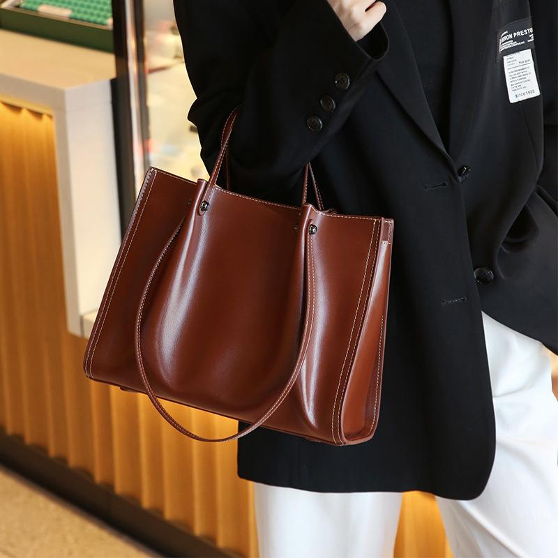 Genuine Leather Women's Bag Korean Autumn and Winter New Large Capacity Commuting Tote Bag Head Layer Cowhide Leather One Shoulder Handbag