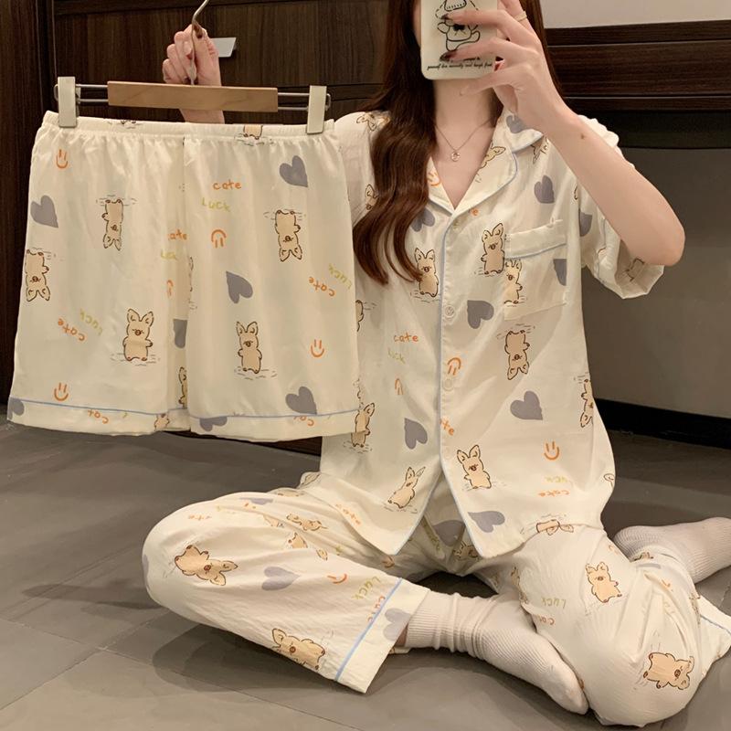 Girl Soft Cute Cartoon Piggy Summer Cloud Cotton Short-Sleeved Pajamas Women'S Love Three-Piece Set Loungewear