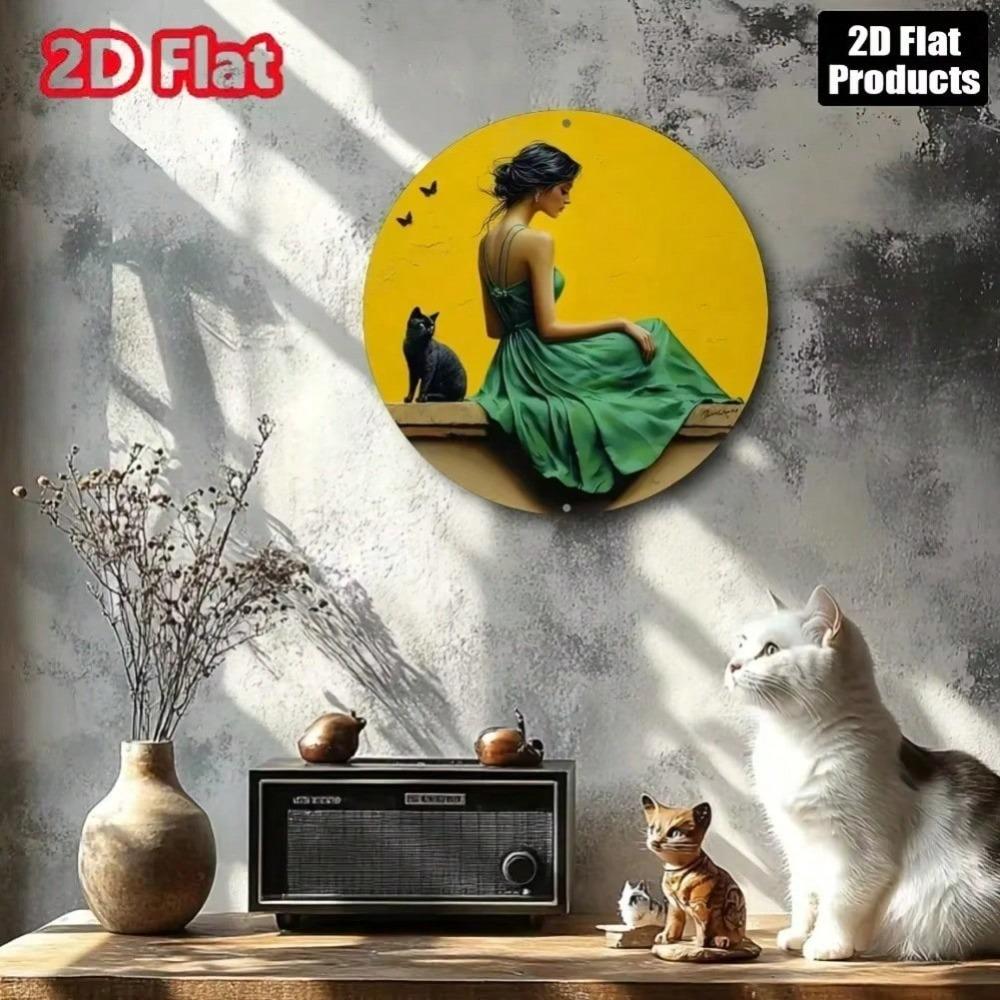 Vintage Round Metal Wall Art Black Cat Woman Home Decor Halloween