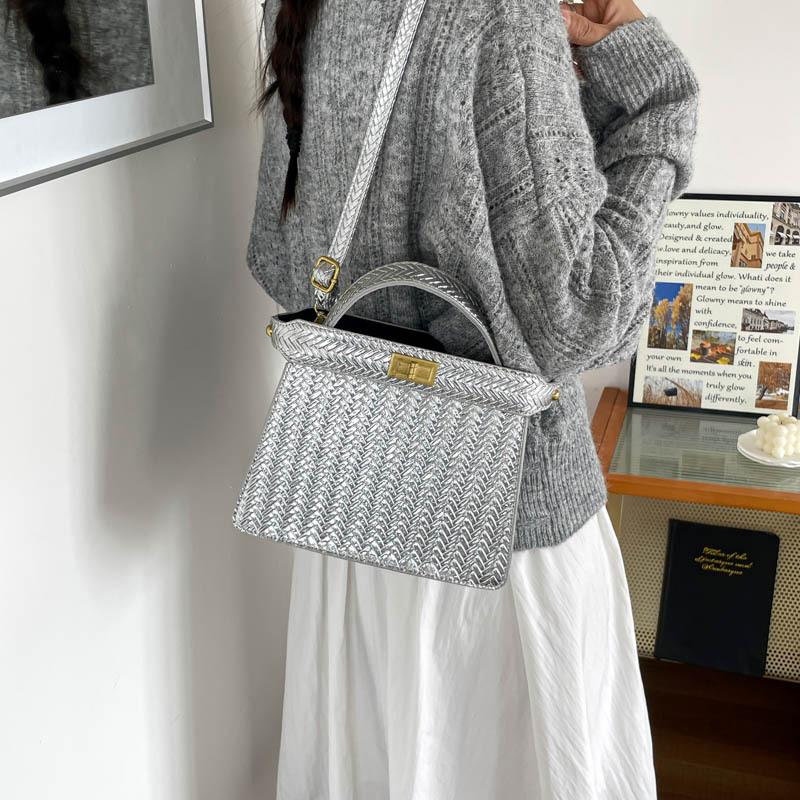 Women Fashion Woven Lock Buckle Small Square Shoulder Crossbody Handbag