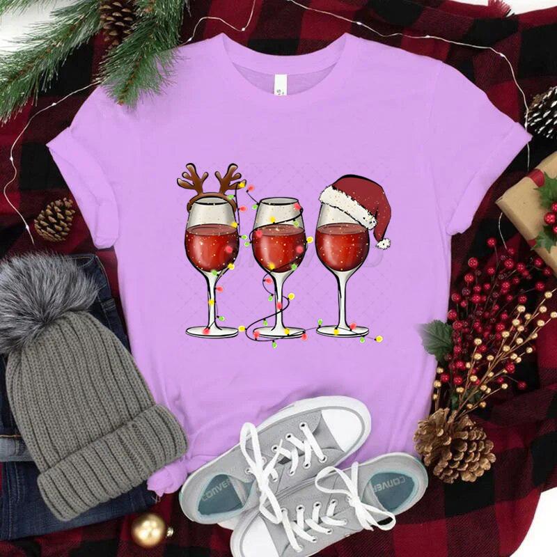 Women Wine Glass Christmas Hats T Shirt Lights Xmas Gifts Cartoon Top Happy New Year Tshirt Harajuku Fashion Womens Clothing