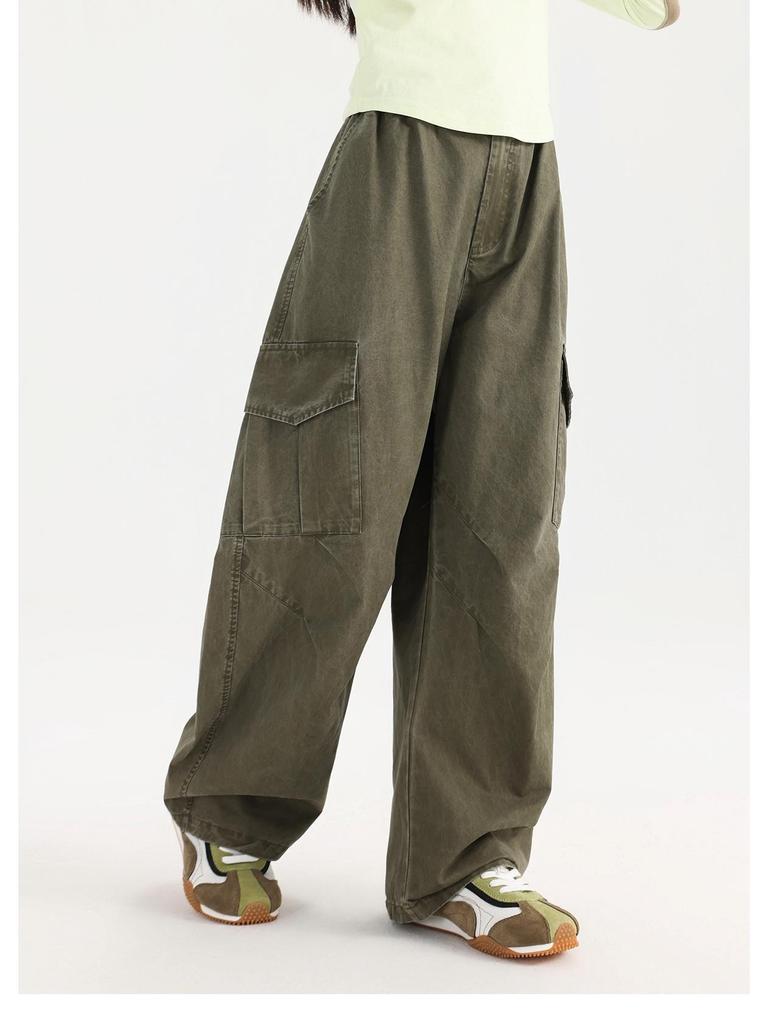 Tao Town Girls' Army Green Denim Scimitar Wide-Leg Cargo Pants - Spring/Autumn Casual Long Pants for Older Children