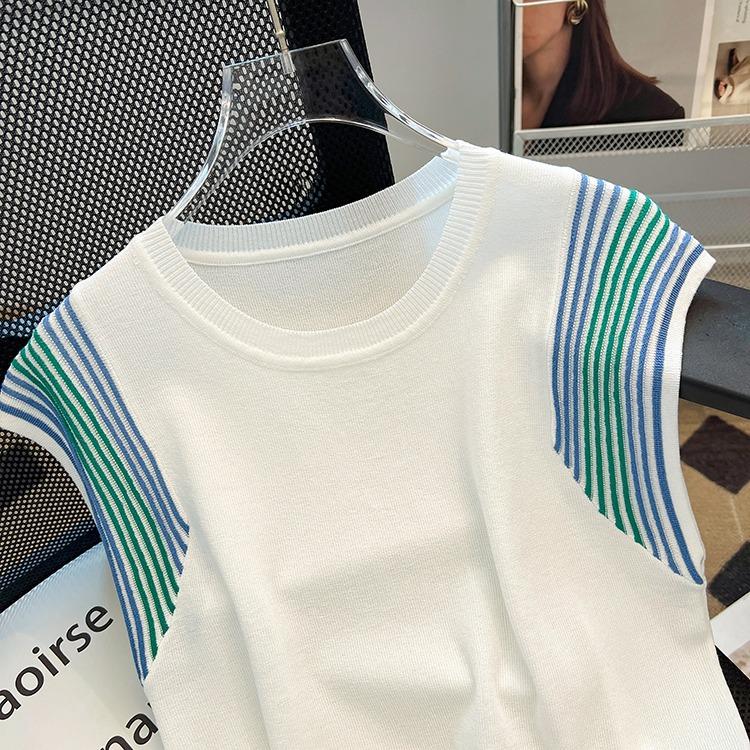 Women's Spliced Contrast Color Knitted Vest Summer Ice Silk Loose Sleeveless Korean Commute Thin Pullover Crew Neck T-shirt Tops