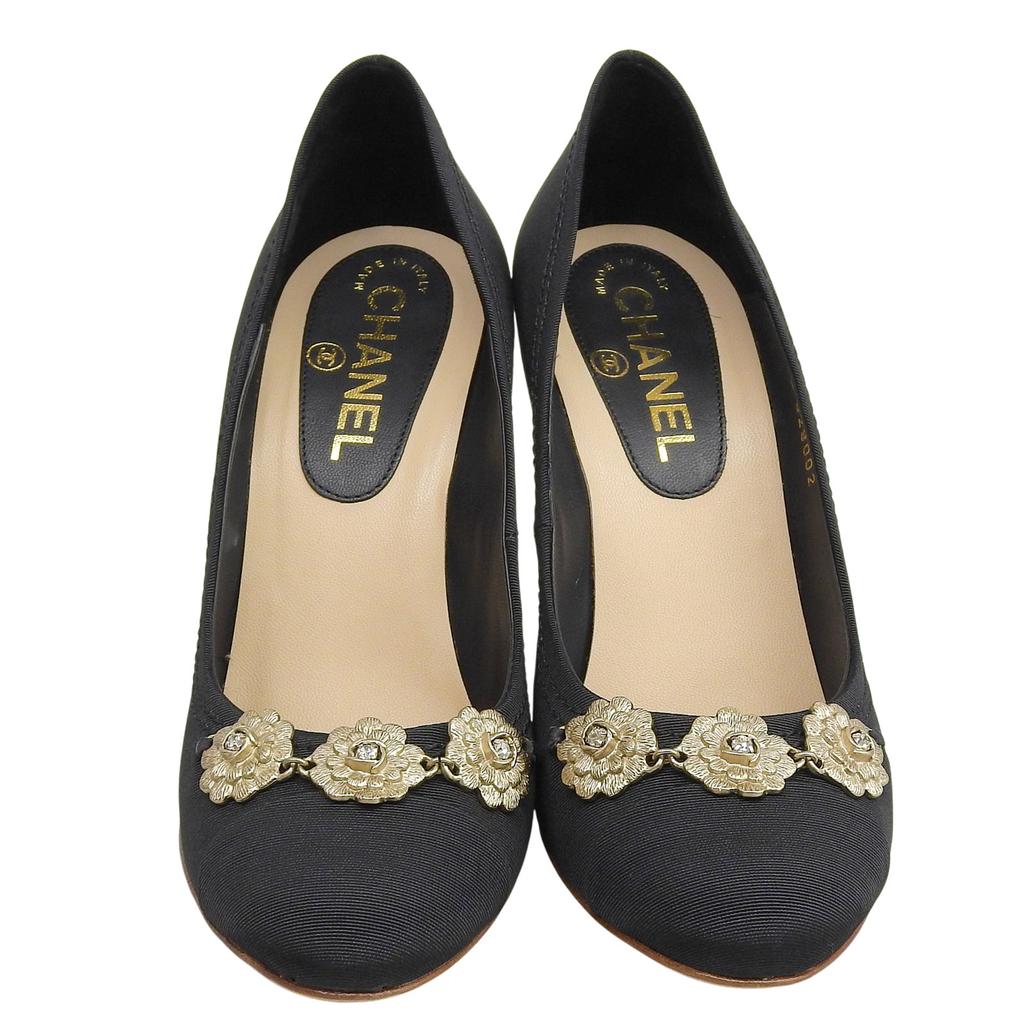 Excellent CHANEL pumps Camellia COCO Mark Rhinestone Wedge Sole black 37 G28002 Used