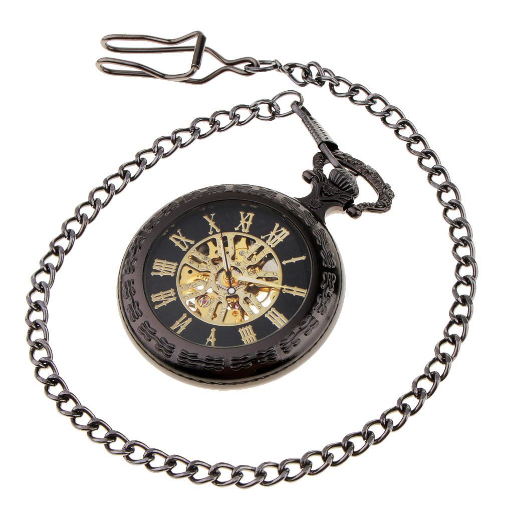

Steampunk Black Mechanical Skeleton Pocket Watch Hand Winding Necklace Watch