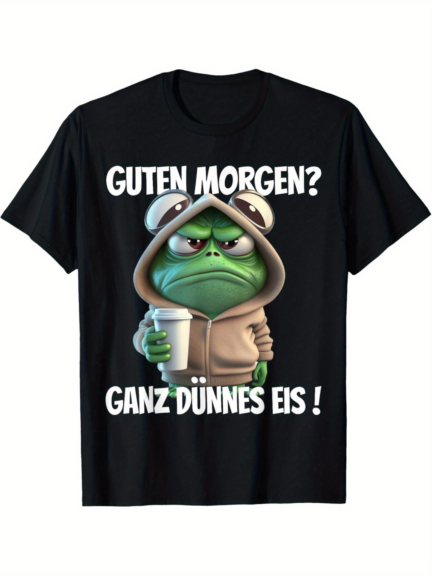 

Funny German Phrase T-Shirt Good Morning The Ice is Thin! with Green Frog Design & German Text - Casual Round Neck Tee for Men & Women XL