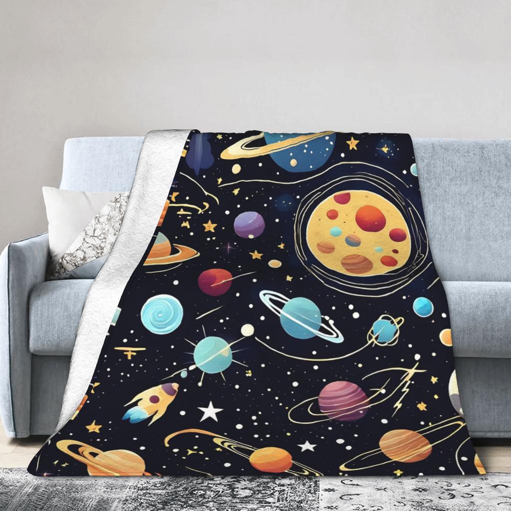 Space Planets Rockets Flannel Blanket Winter Warm Soft Throw Blanket for Kids Adult Living Room Graphic Bedspread Sofa Bed