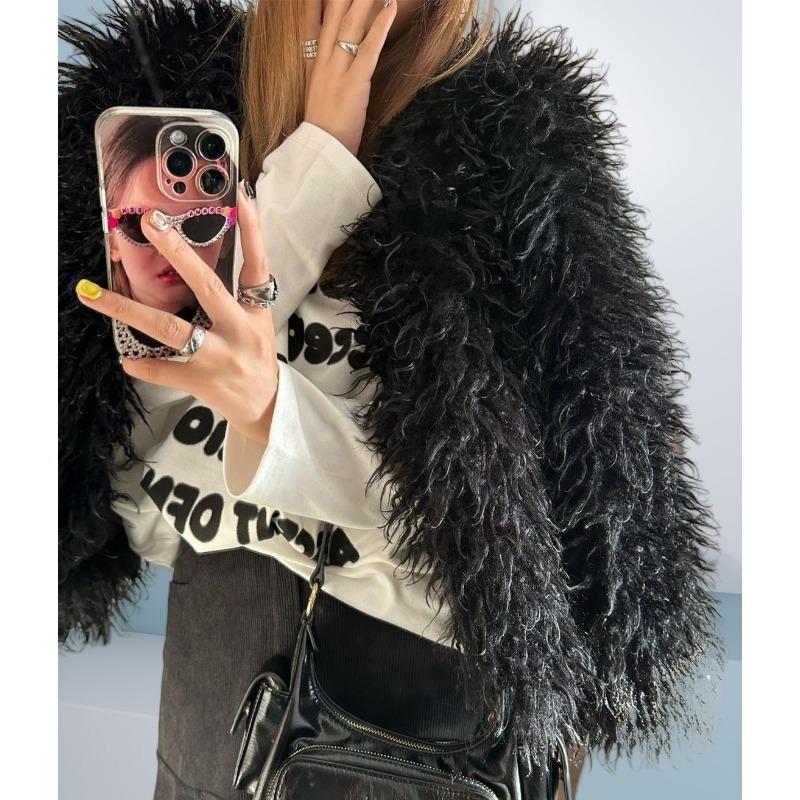 Women's clothing autumn and winter beach sheep hair imitation fur new artificial fur street girl long-sleeved top short