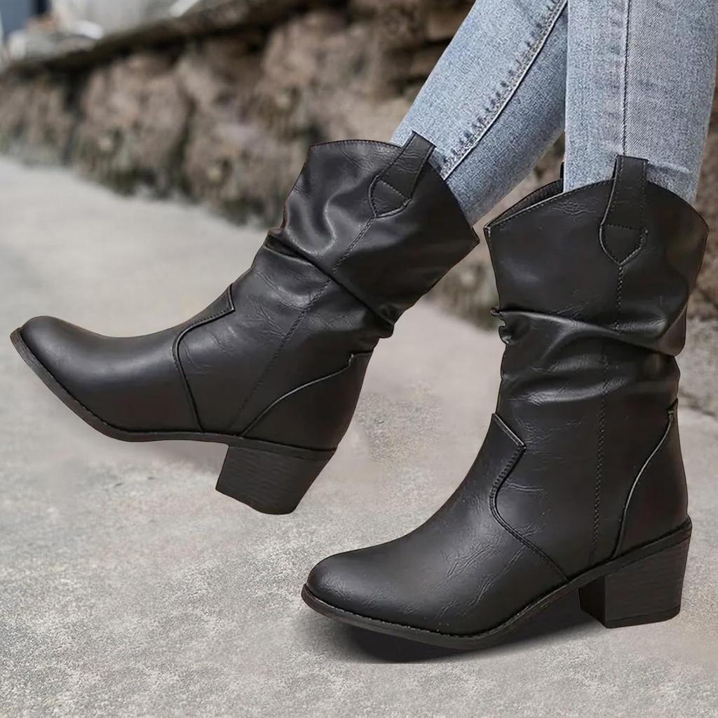 Women's Fashion Mid Calf Round Toe Chunky Heel Boots Pull Boots - Black PU Leather - US Women's Size 6-10