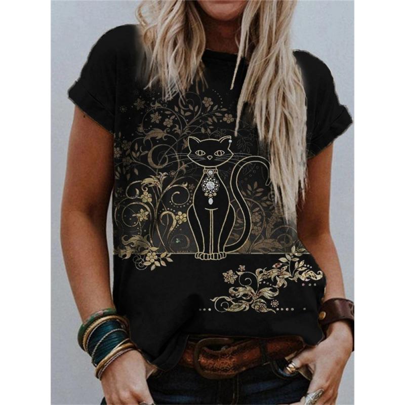 Women's Short Sleeved 3D Printed Top Holiday Weekend Basic Round Neck Regular Flower T Shirt