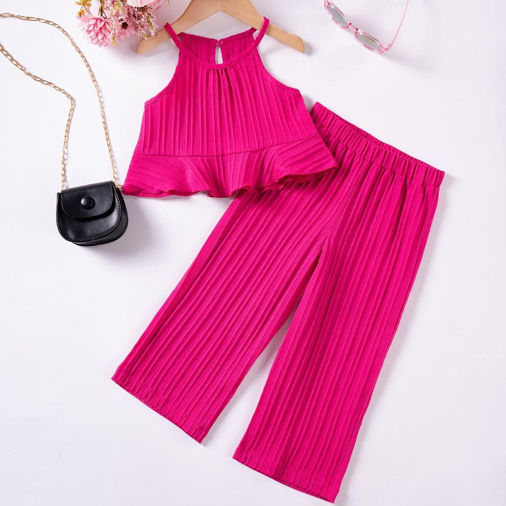 Multi-color Sea Wave Stripe Tank Top & Wide-Leg Pants Set - Stylish Summer Outfit for Girls