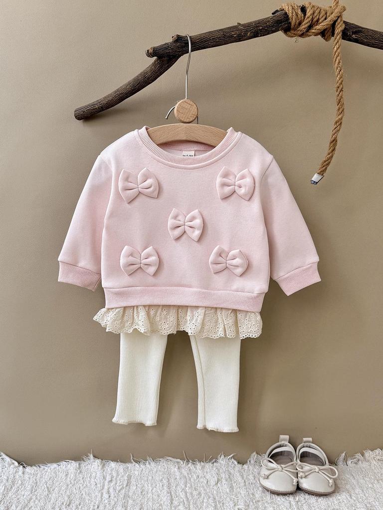 Korean Style Spring/Autumn Bow Knitwear Two-Piece Set for Infants and Toddlers - Stylish Children's Wear 2026 Collection