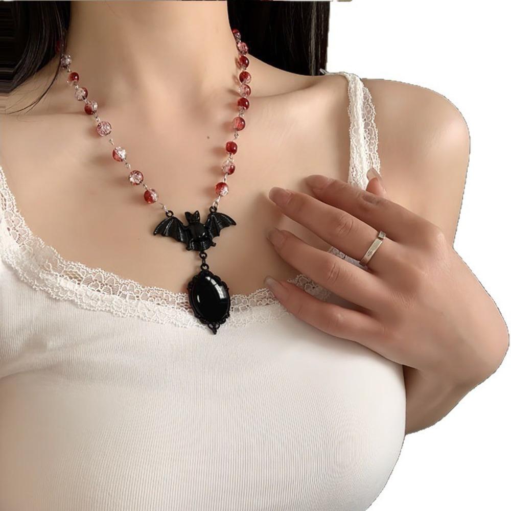 Punk Temperament Black Bat Blood-colored Crystal Pendant Round Bead Necklace for Women Halloween Party Gothic Vampire Jewelry