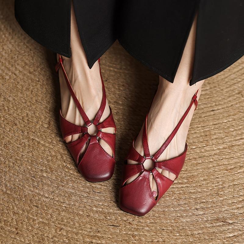 Fashion NEW Summer Women Sandals Genuine Leather Shoes for Women Round Toe Low Heel Shoes Cover Toe Slingback Shoes Narrow Band Sandals