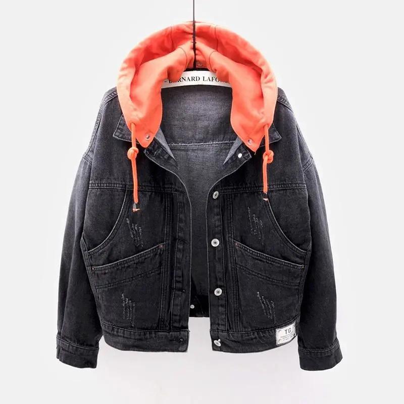 Spring Plus Size Blue Deconstructable Hooded Turn Down Collar Jean Coat Jacket Women Loose Outwear