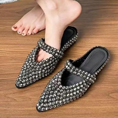 Glitter Strass Lyxiga Mules Plattor för Kvinnor Eleganta Spetsig Tå Slip-On Skor Komfort Vardags Dam Skor