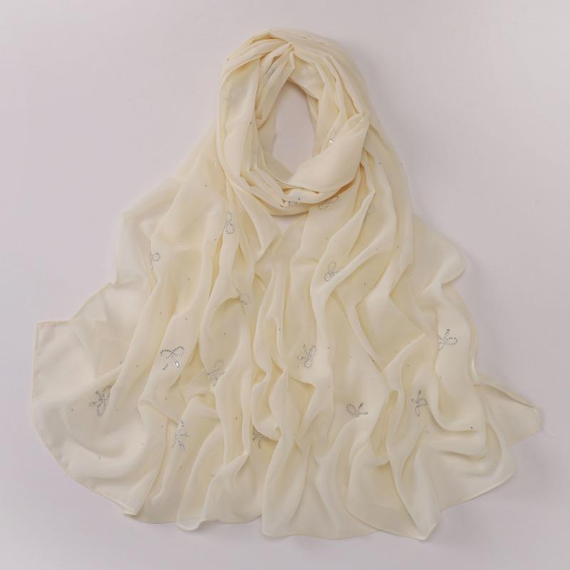 Pearl Chiffon Starry Bow Rhinestone Long Scarf Muslim Women Headscarf