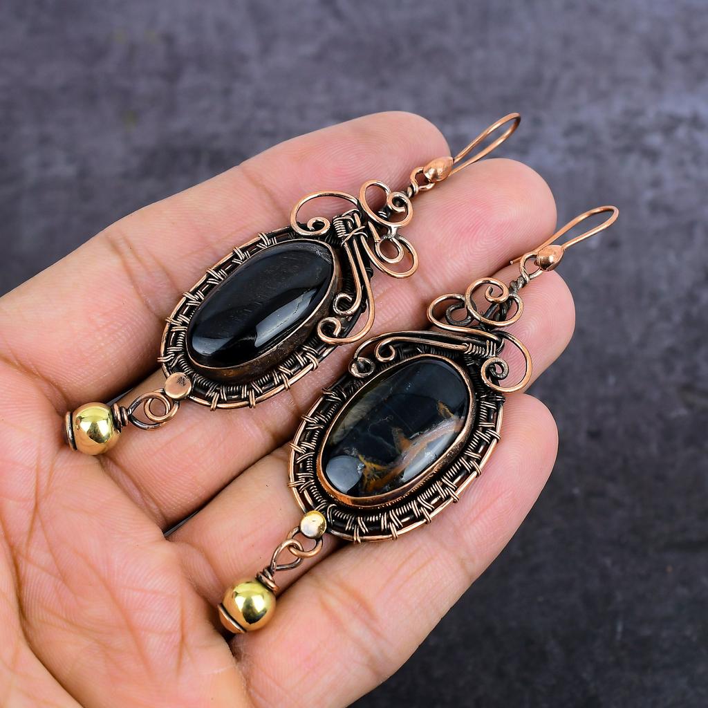 Natural Black Tiger Eye Gemstone Copper Wire Wrap Jewelry Earring 3.55" G9G21