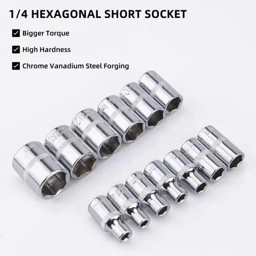 12-Piece Socket Wrench Set with 6.35mm (1/4") Drive Hex Sockets, Quick-Release Ratchet Handle, and Holder for Vehicle Maintenance, Repairs, and Automo