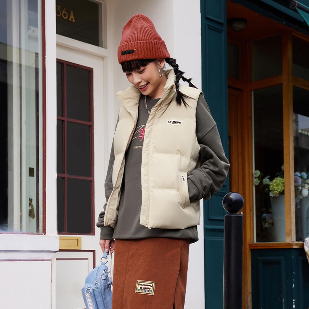 Li Ning Hot Pot Down Series Solid Color Loose Stand Collar Zipper Winter Versatile Casual Cold Resistant Down Vest Women vest Fog-Khaki AMRU124-1