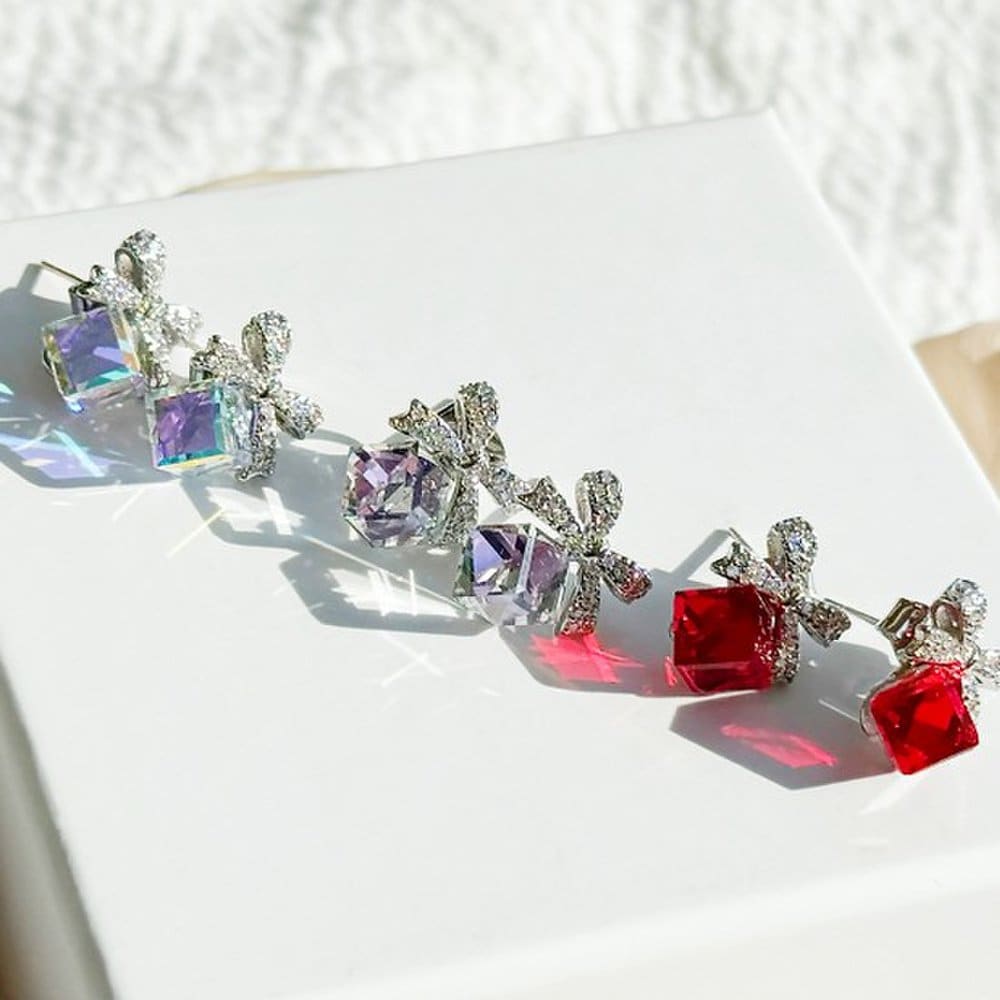 Earrings Square Stone Ribbon Cubic Silver Needle Earrings