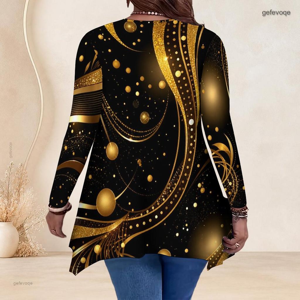 Women Plus Size V Neck Long Sleeve Colorful Galaxy Printed Asymmetric Hem Tunic Top