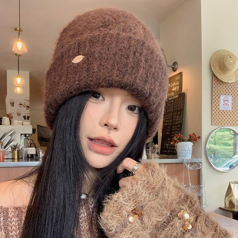 Blue wool hat women's autumn and winter versatile face small knitted hat big head circumference cold and warm bag head hat