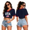 Crop Top Femme Col en V Manches Courtes Imprimé USA Coupe Ample T-shirt pour Événements Sportifs et Usage Quotidien Tissu Confortable