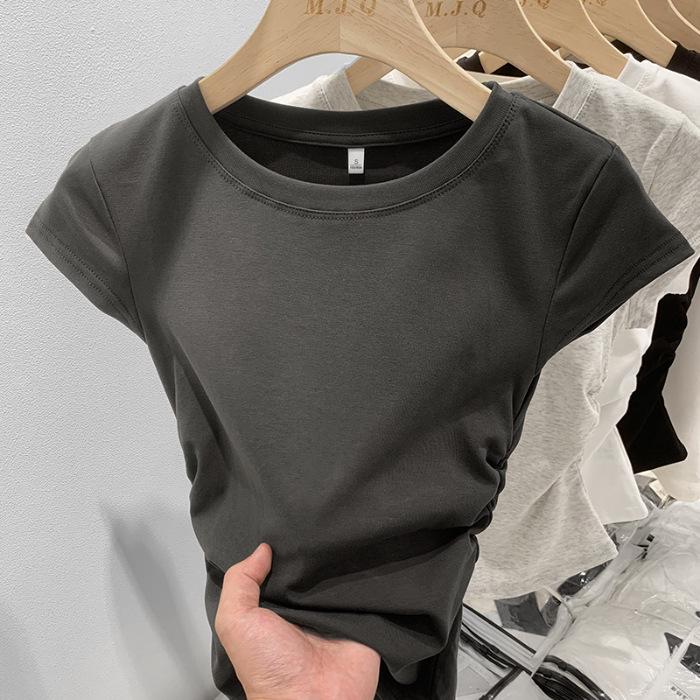 

Хлопковый укороченный топ с драпировкой, облегающего кроя, с коротким рукавом неправильной длины для миниатюрных женщин Medium темно-серого