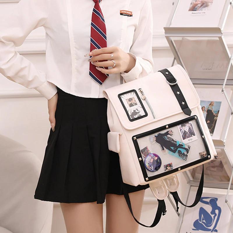 Japanese Y2K Kawaii Transparent Itabag Backpack Large Capacity PU Leather School Bag for Women Girls JK Fashion Daily Use