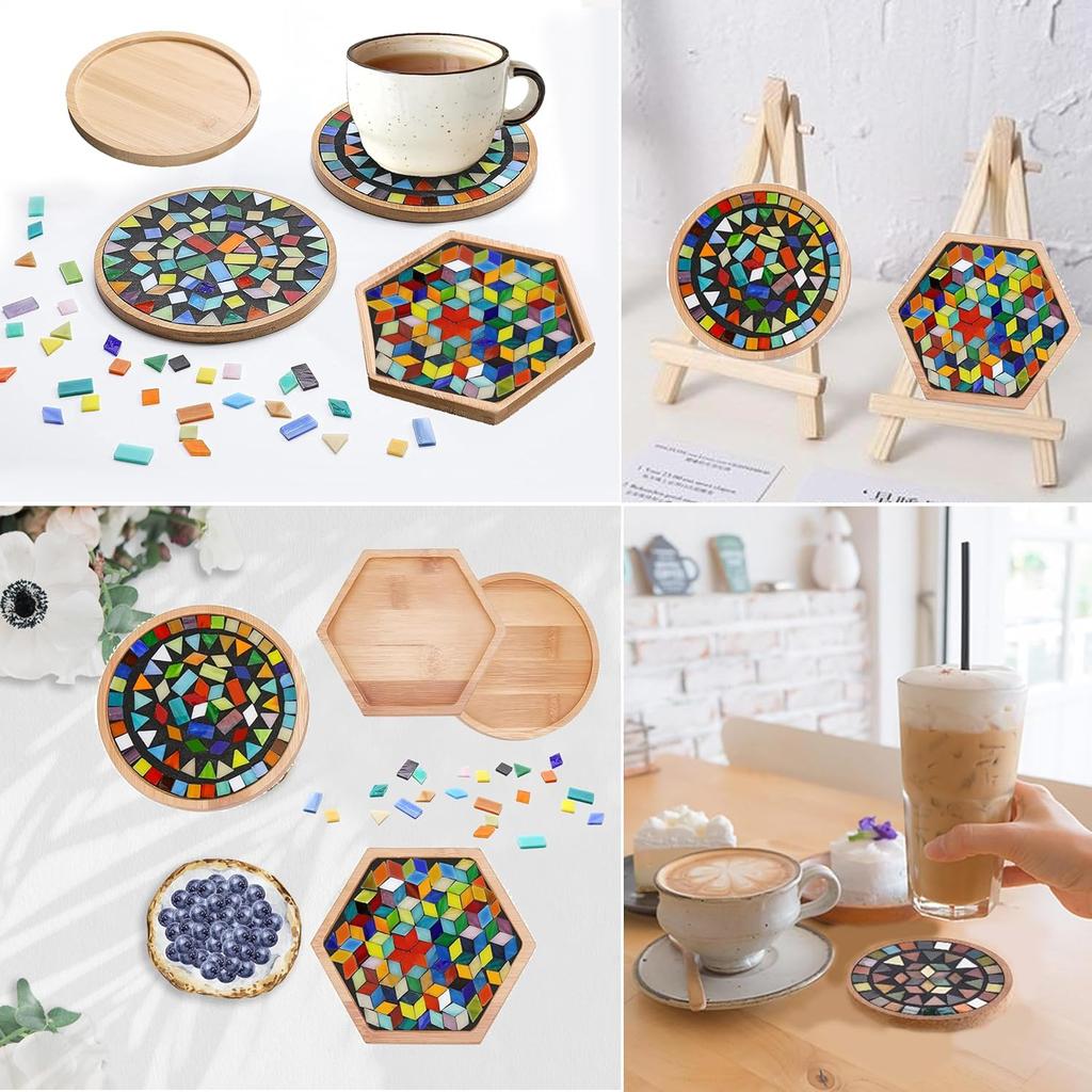 DIY Mosaic Tiles Crafts Kits for Adults, Mixed Stained Glass Mosaic Kit with 2 Sets Wooden Coaster Making Materials Package,Mosaic Adult Crafts for