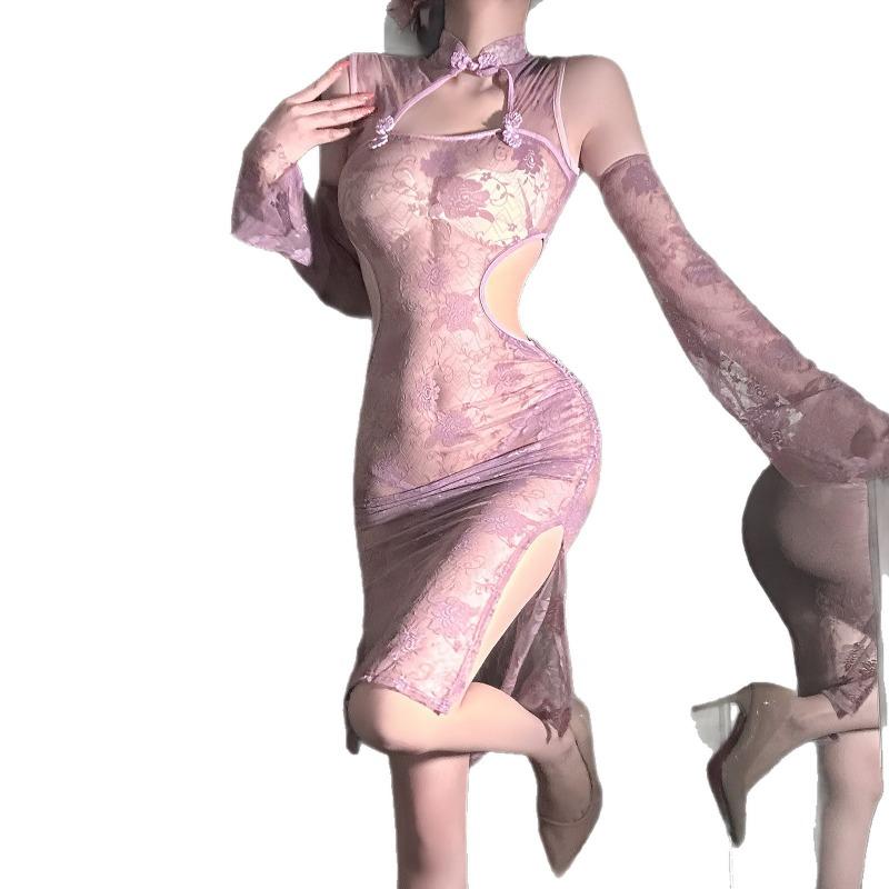 Neck buckle lace cheongsam perspective temptation hip skirt sexy underwear sexy pure desire nightdress women