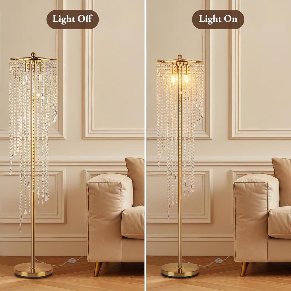 Gold Floor Lamp, 63' Tall, Modern Standing Lamp with Double-Layer Crystal Shade, LED (2700K), for Living Room, Bedroom, Office