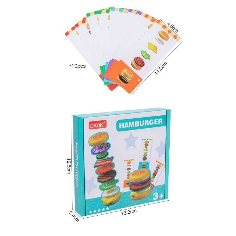 1pc Wooden Hamburger Pretend Play Stacking Game Food Theme Matching Toy with Pattern Cards Suitable for Children Ages 3+