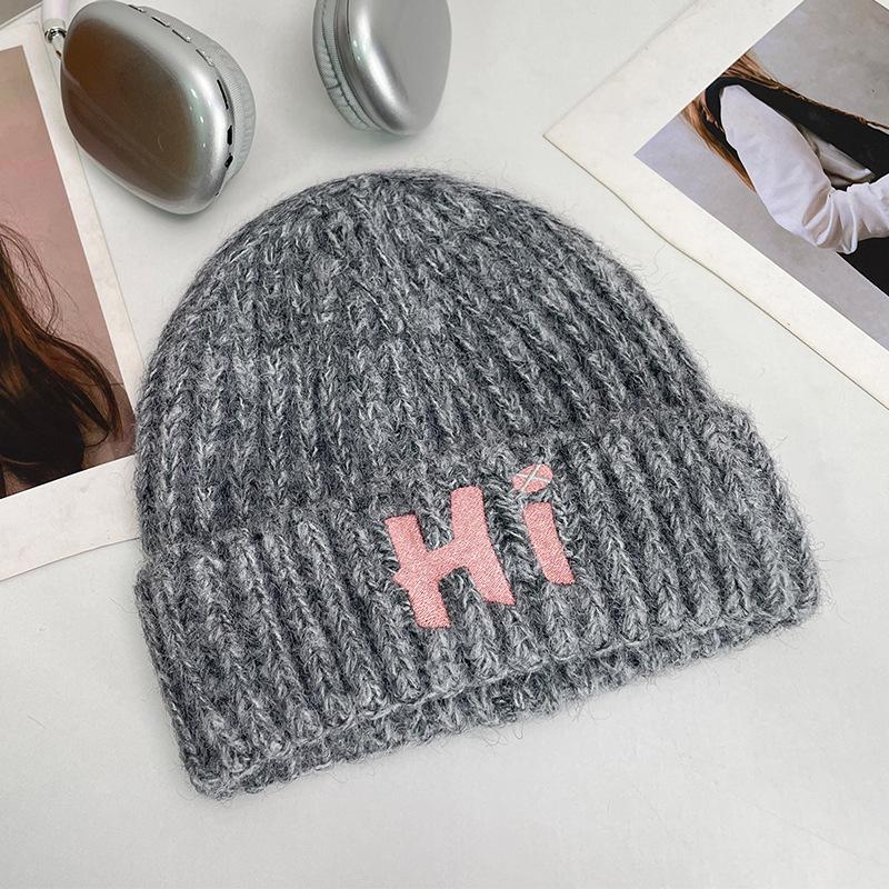 Letter knitted hat women's autumn and winter big head circumference thickened warm ear protection cold hat student outdoor versatile wool hat