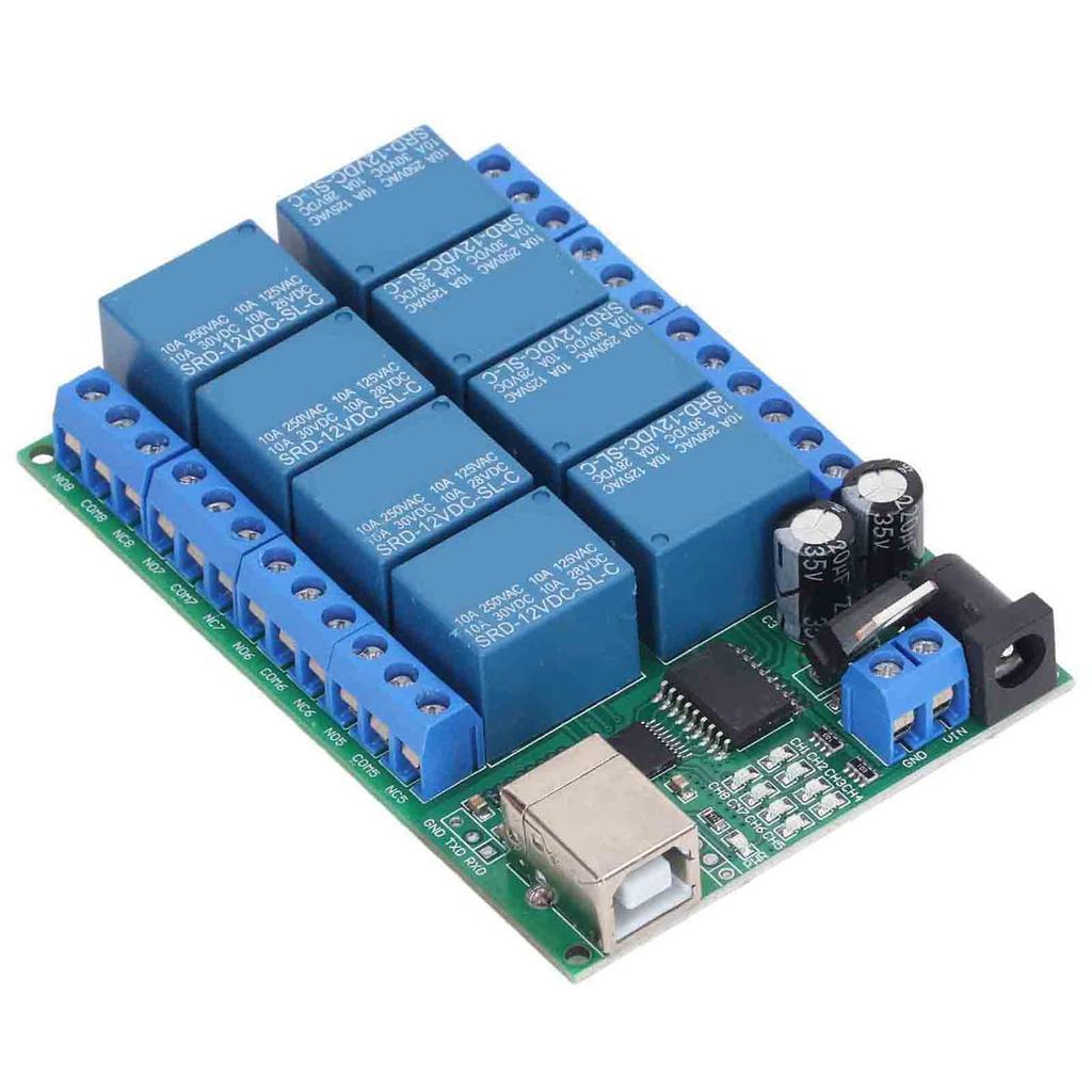 8 Channel Relay Module DC12V UART Serial Port Switch PLC Motor LED Computer Remote Control Multi Function USB Controller