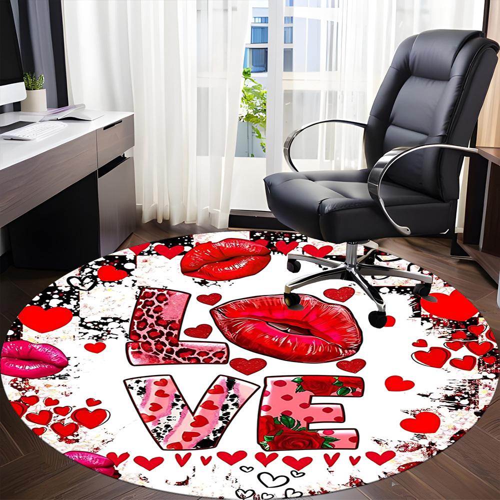1pc Love Heart Print Carpet for Office Non-Slip, Round Carpet, Soft & Comfortable, Carpet for Office, Lightweight Round Floor Mat