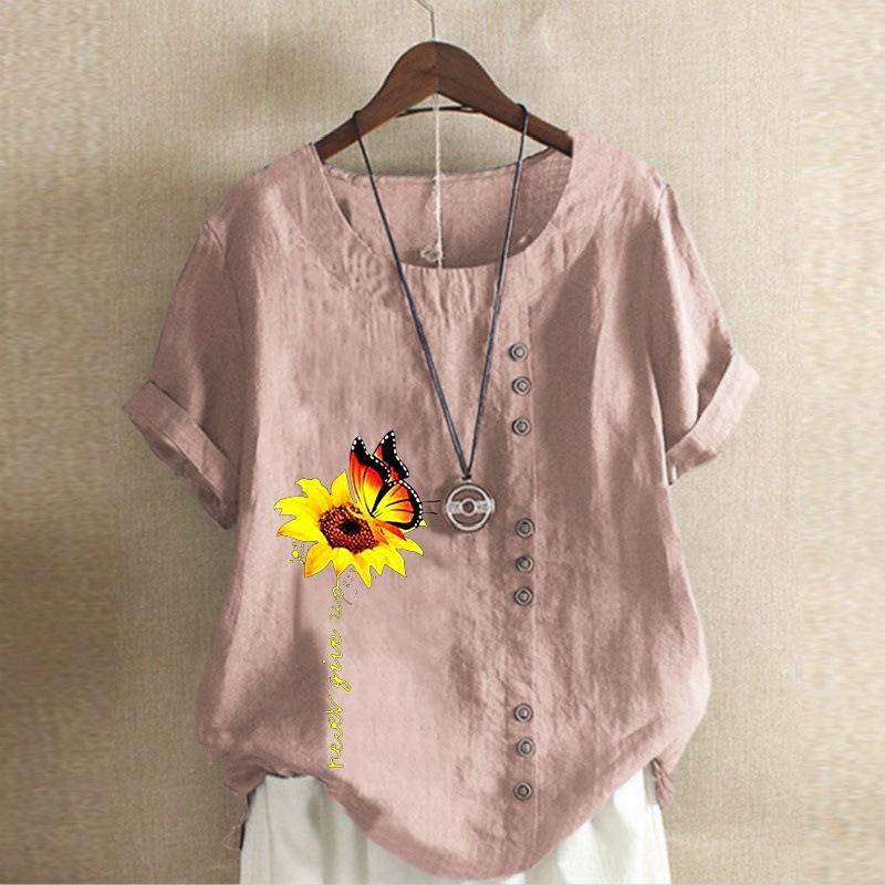 

Европа и Соединенные Штаты Женская свободная хлопковая льняная блузка с принтом на пуговицах Футболка с короткими рукавами XS розовый