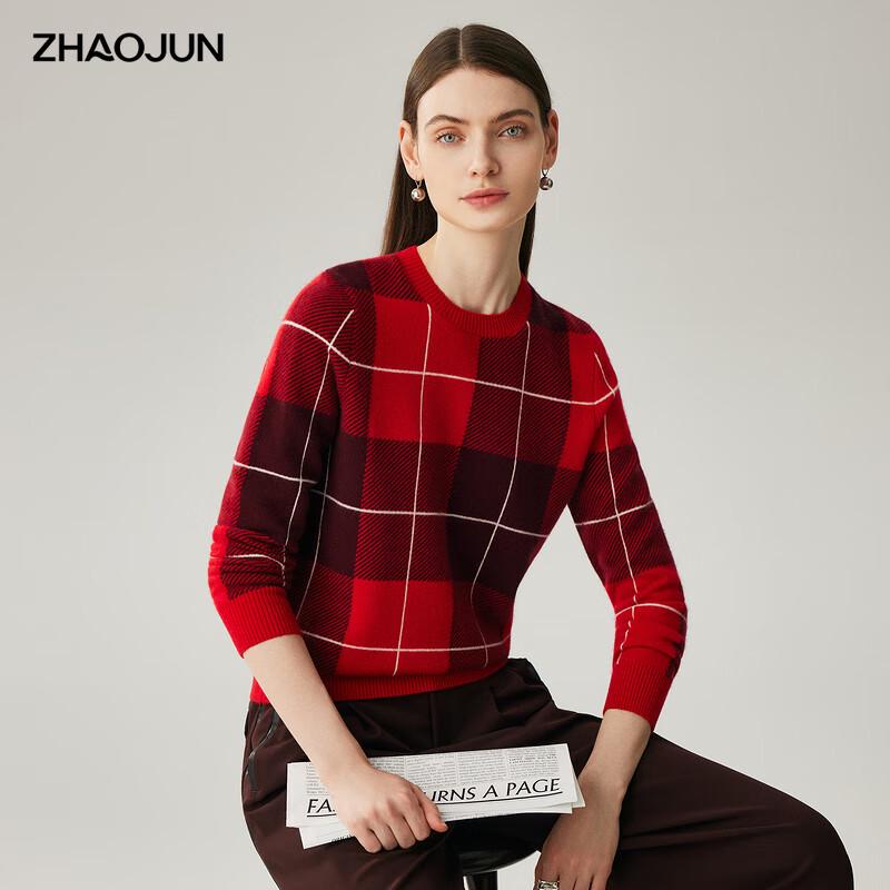 

Женский свитер Zhaojun Осень/Зима 2025 100% кашемир красная клетка круглый вырез 2XL