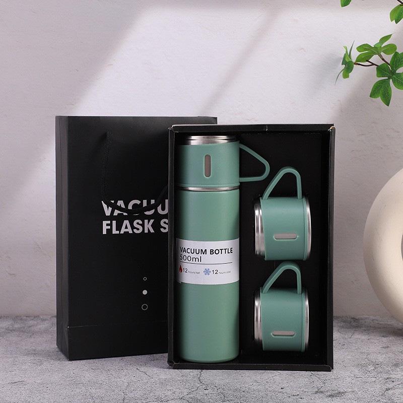 Portable Stainless Steel Thermos Cup Set with Three Lids, Laser-Engraved Logo, Ideal for Business Events