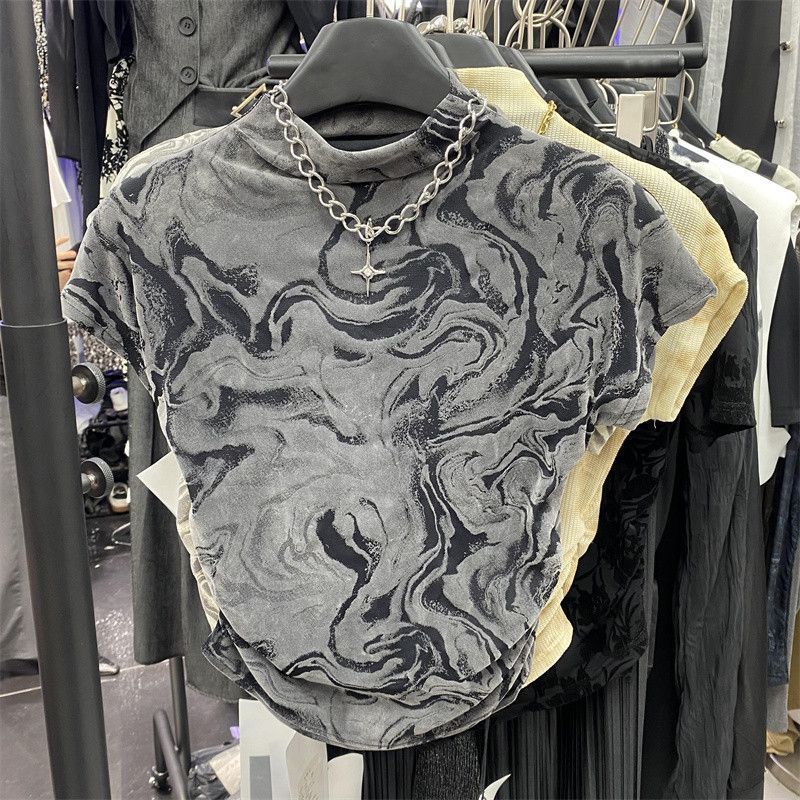 Women's Tie Dye Casual Short Sleeve T-Shirts Slim Vintage Folds Tshirts Streetwear Y2k Crop Top Female Elegant Spring Summer Clothing