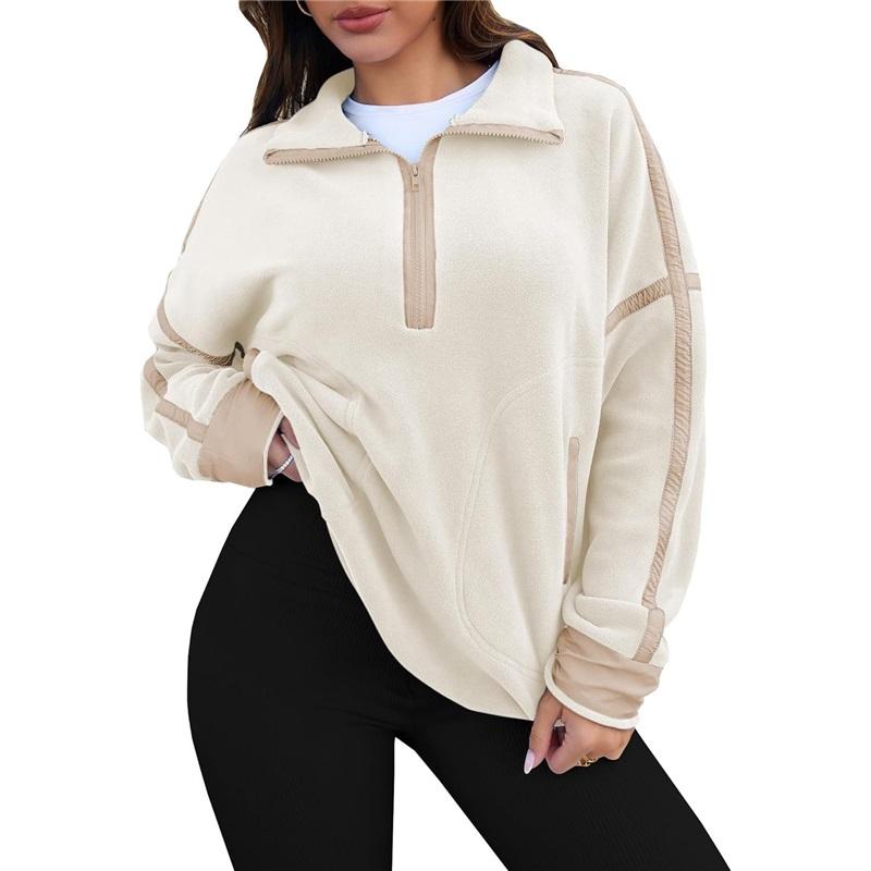 Women's Color Block Striped Half Zip Polo Sweatshirt Loose Long Sleeve Casual Pullover Top