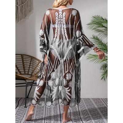 Vzdušná krása, Boho Chic dámské plážové zakrytí - Průsvitné síťované vyšívané kimono se zavazováním v pase, výstřihem do V, polovičními rukávy - Ideální na léto