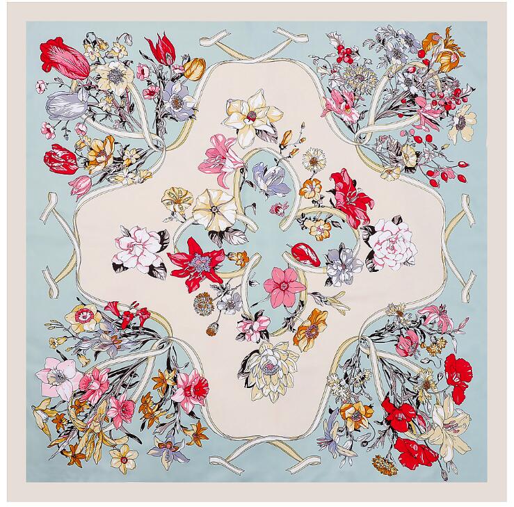 130cm Travel Scarf For Ladies Luxury Brand Silk Scarf  Ribbon Flower Square Scarf Women Neckerchief Twill Sunscreen Shawl