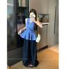 Korean neck V-neck sleeveless sling vest women's design sense waist temperament plaid shirt top women's autumn