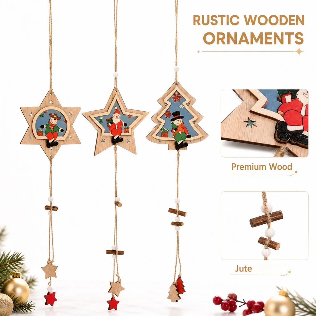 Christmas Wooden Hanging Ornament 3D Hollow-Out Design for Christmas Tree and Home Holiday Decor