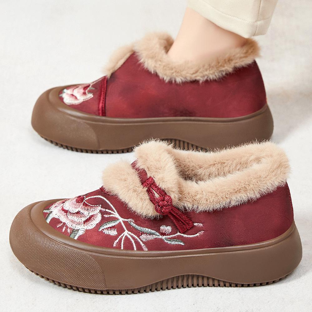 Women's Fashion Embroidered Furry Mouth Lightweight Winter Warm Snow Boots Plush Lining Non-slip Wear-resistant Casual Outdoor Sports Cotton Boots