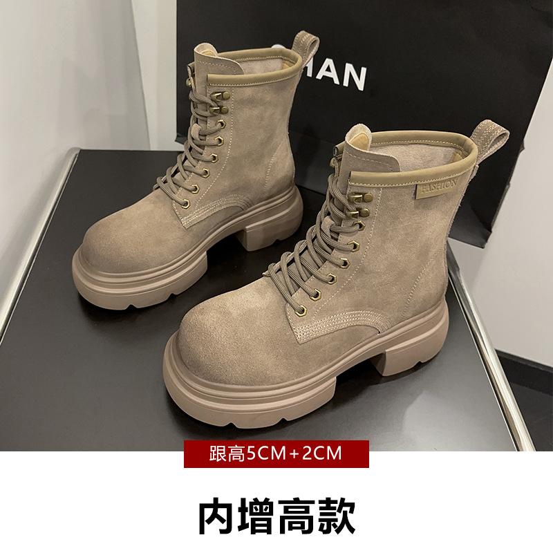 Leather Martin boots women's autumn cow suede retro women's short boots western big head medium boots increase height